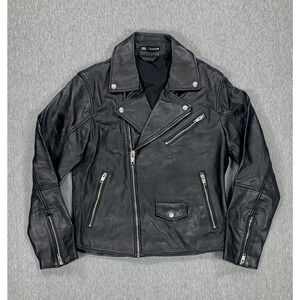 Zara Man 100% Leather Biker Motorcycle Black Riding Jacket - Men's Medium